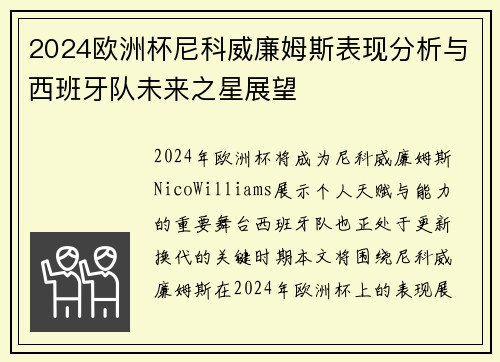 2024欧洲杯尼科威廉姆斯表现分析与西班牙队未来之星展望