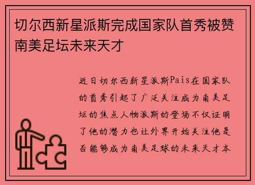 切尔西新星派斯完成国家队首秀被赞南美足坛未来天才